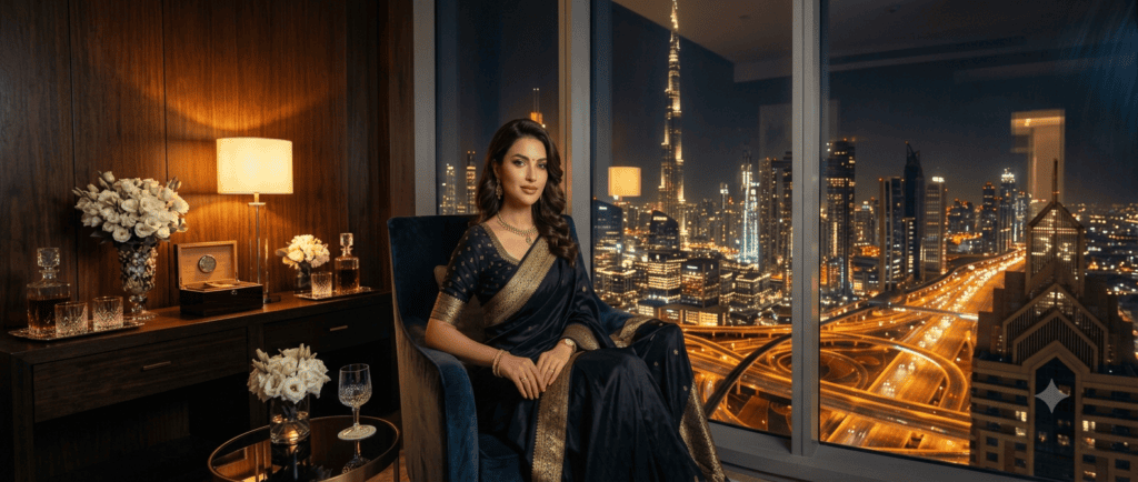 Premium escorts service in Dubai featuring an elegant Indian model in a luxury penthouse overlooking Downtown Dubai skyline and Burj Khalifa.