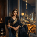 Premium escorts service in Dubai featuring an elegant Indian model in a luxury penthouse overlooking Downtown Dubai skyline and Burj Khalifa.