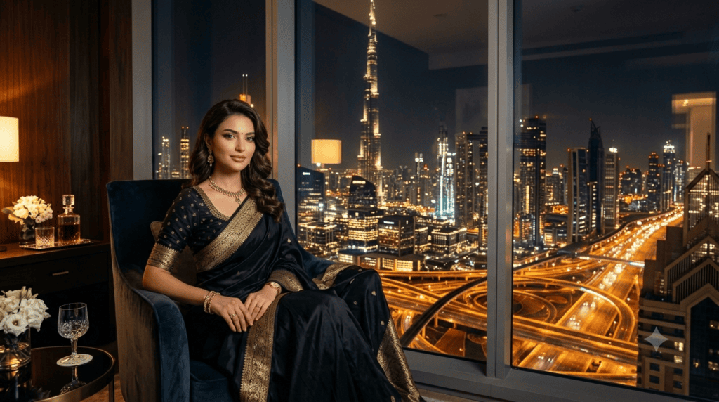 Verified profile photo of a premium Indian escort based in Dubai Marina, providing private companion services. DxbScotHub identity verification stamp. Real model photo.